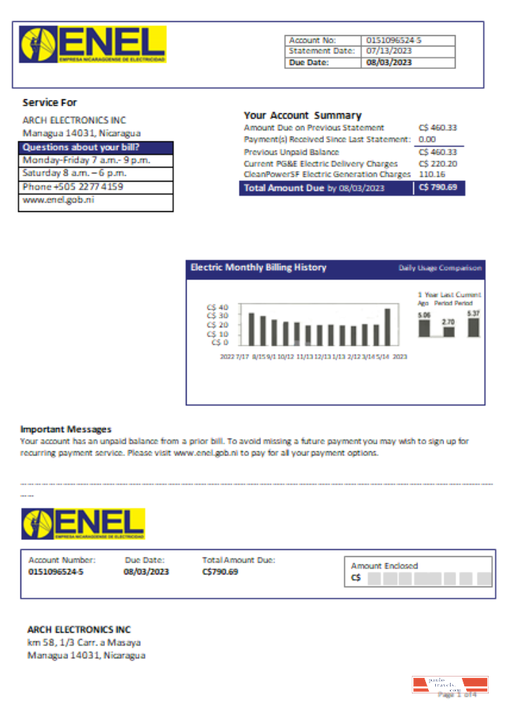 Nicaraguan Electricity Company (ENEL) electricity utility business bill, SCR PSD template